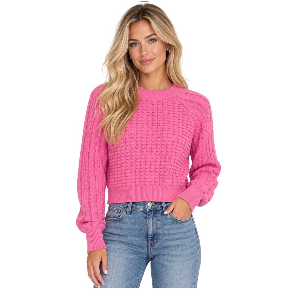 French Connection Pink Cable Knit Bobble Sweater Size XS Long Sleeve Cropped